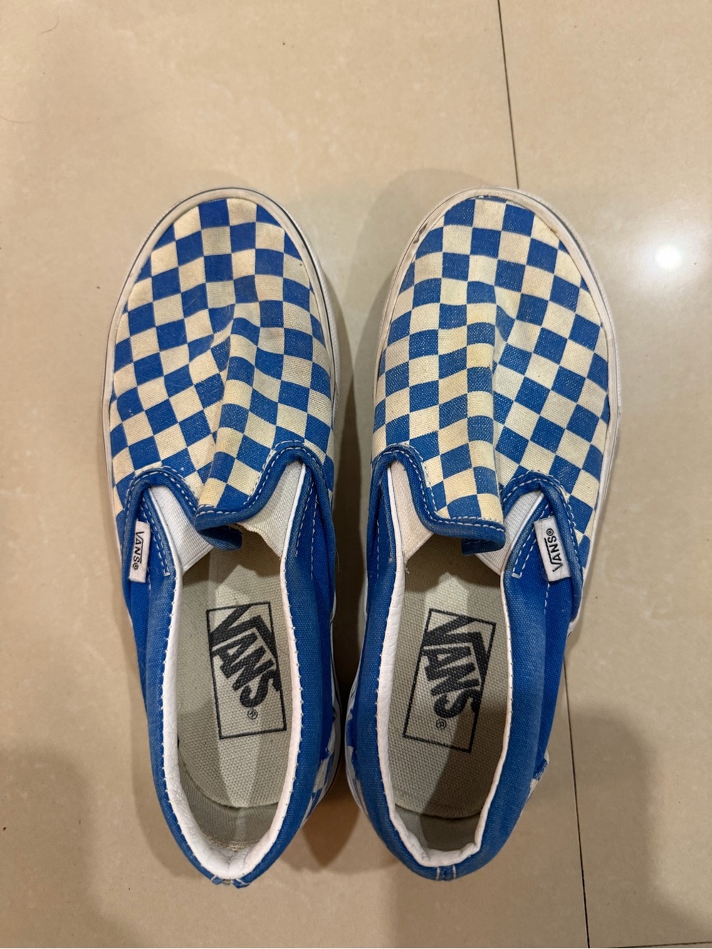 Vans Checkerboard Slip-On Sneakers in Blue and Cream